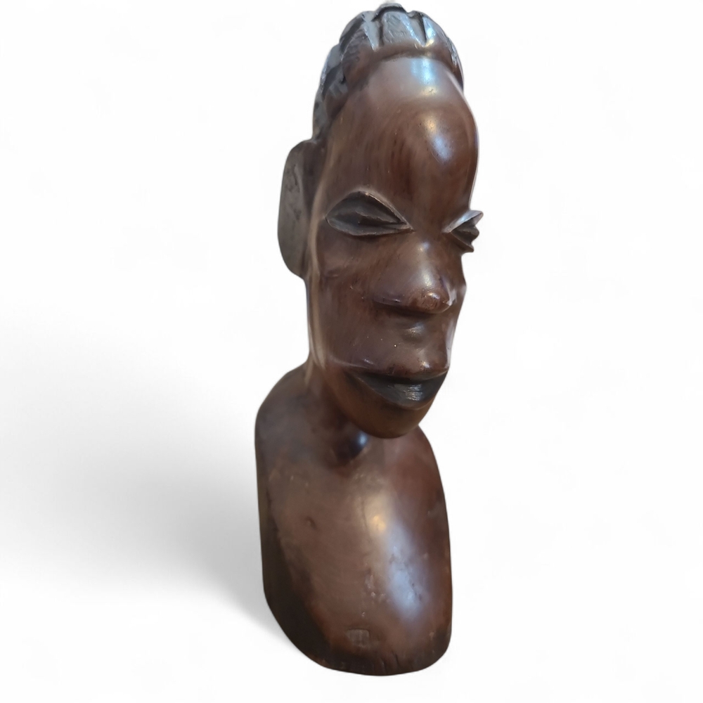 Vintage African Tribal Hand Carved Ebony Wood Woman Bust Sculpture Statue